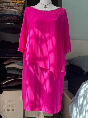 nwt MSK Petite Bright Pink Midi Overlay Dress with Rhinestone Trim sz PL